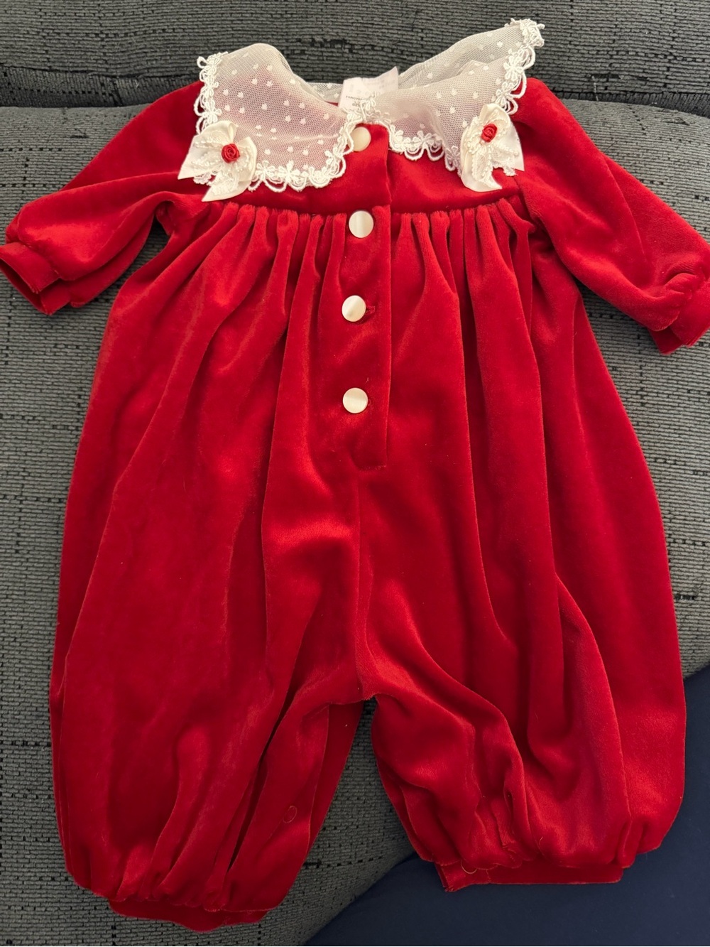 Vintage Red Velvet Baby Romper with Lace Collar